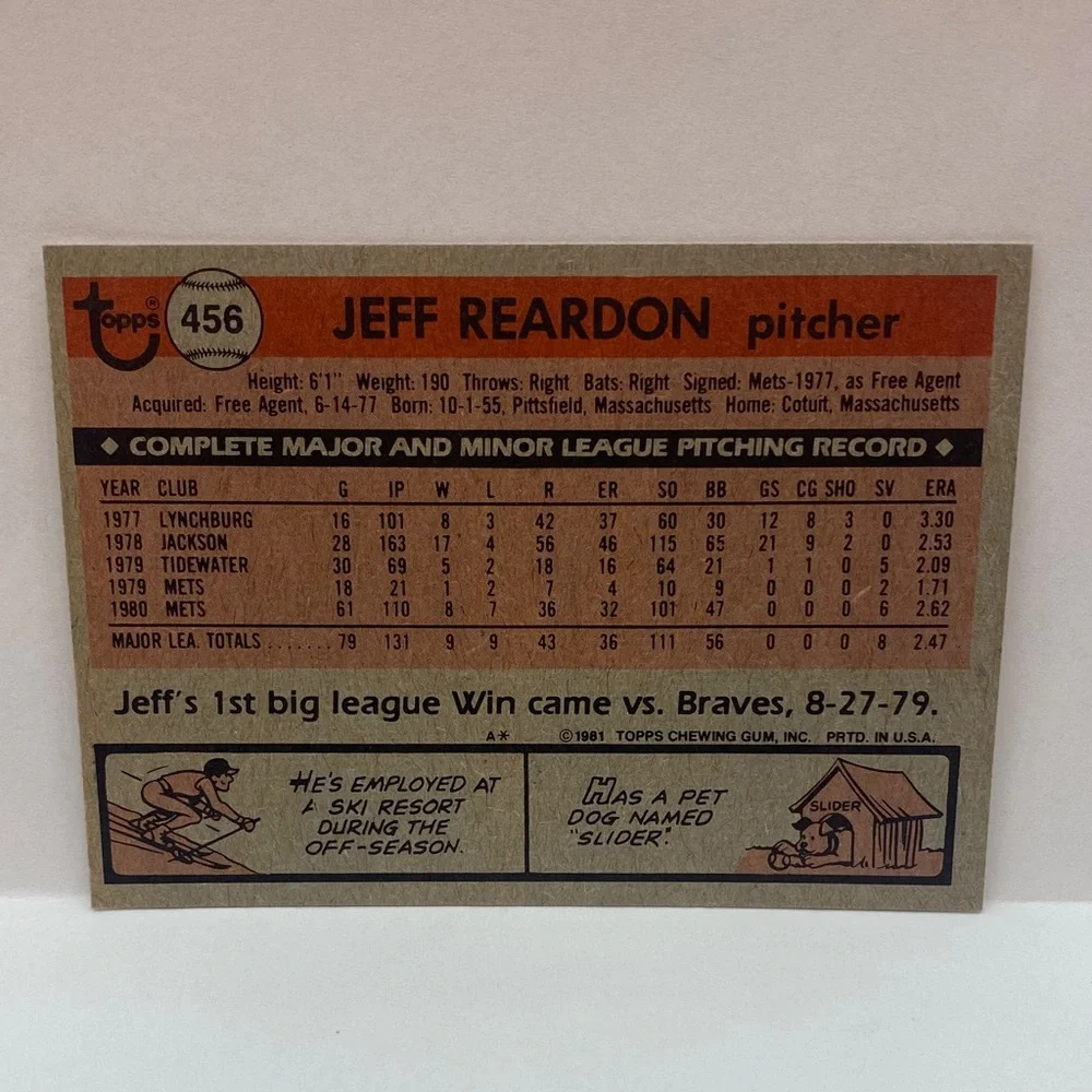 1981 Topps Jeff Reardon Mets #456 In Person Autograph (085)